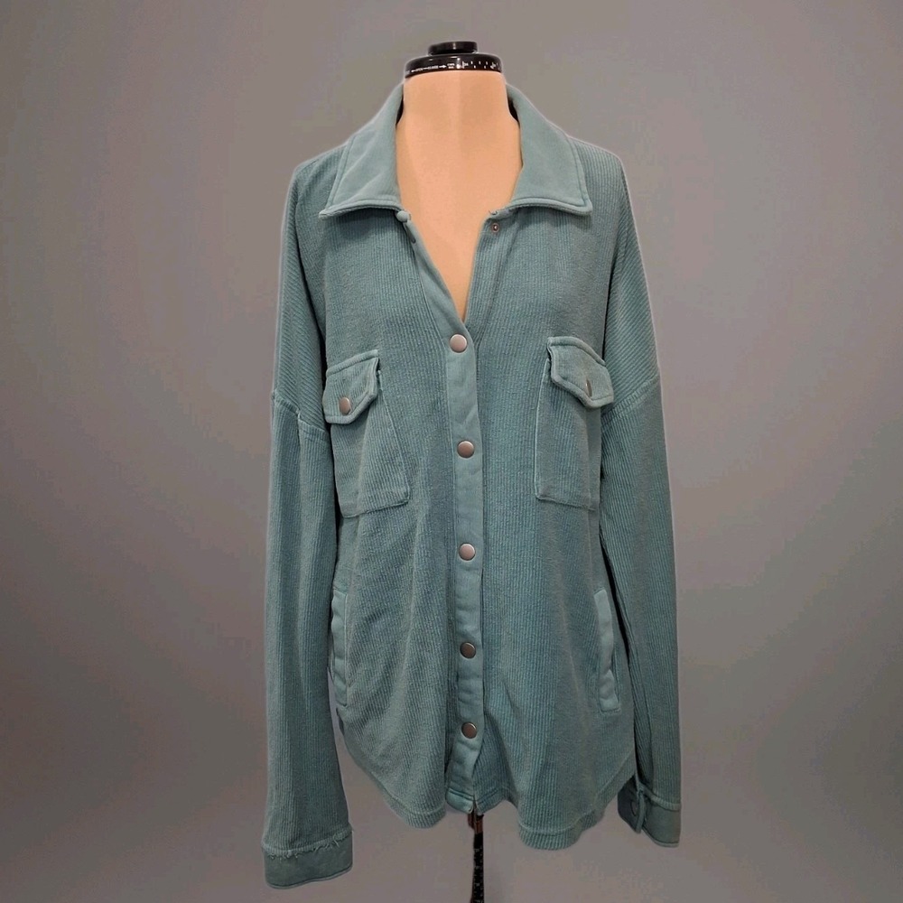 Uncharted Threads Sweatshirt Feel Corduroy‎ Look Button Up Over Shirt Sz XL Teal